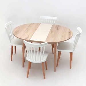 Pack S.A.M T.EXTENSIBLE ATLAS BISCO + 4 chaises HELSINKI P/BOIS BRUN + BAHUT FLORA DV/BG